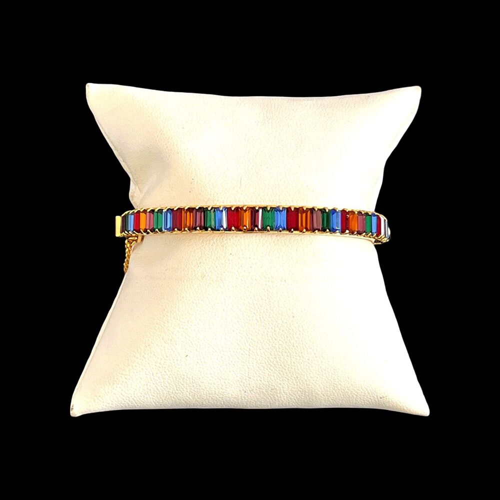 Vintage 1960s Clamper Bracelet Multicolor Crystral Baguettes Gold Tone - 15D